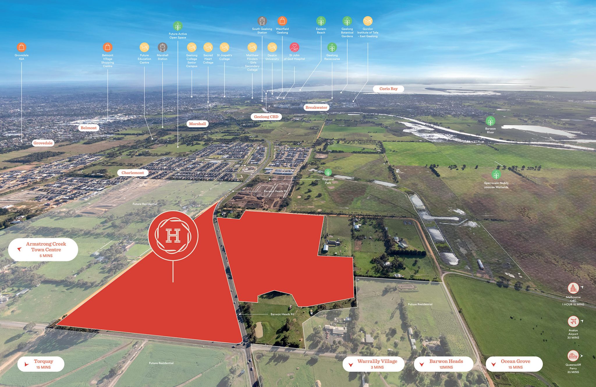 Haymont Estate from the air looking back to Geelong and its features and amenities.