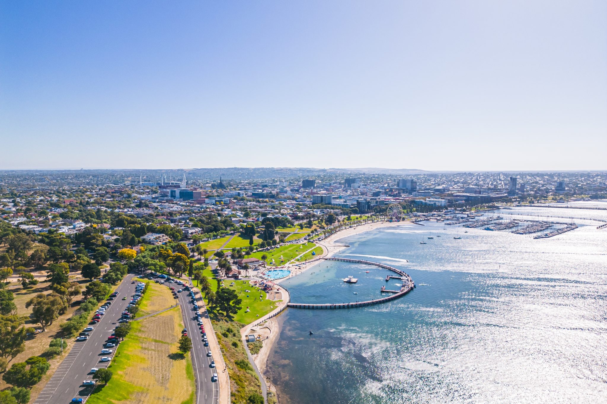 Aerial view of Geelong in the sunlight