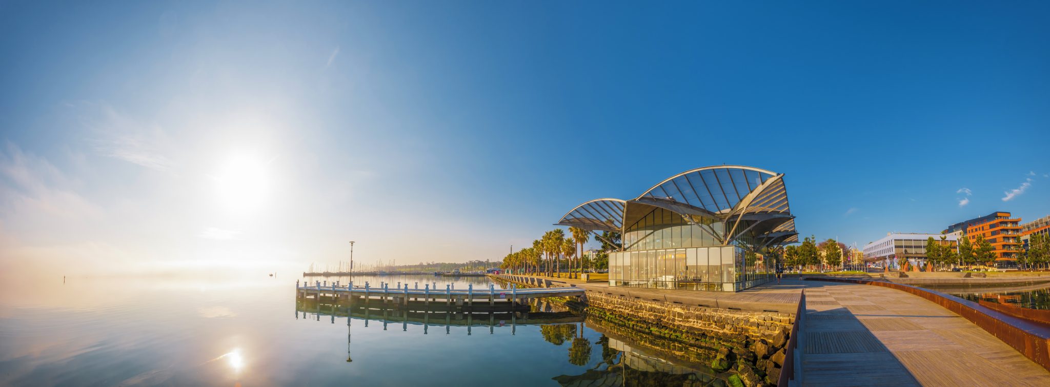 Geelong waterfront buildings at sunrise